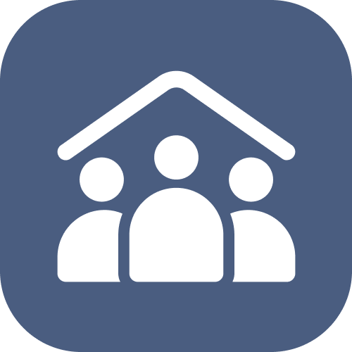 Three white human figures under a curved roof, representing a family or household.